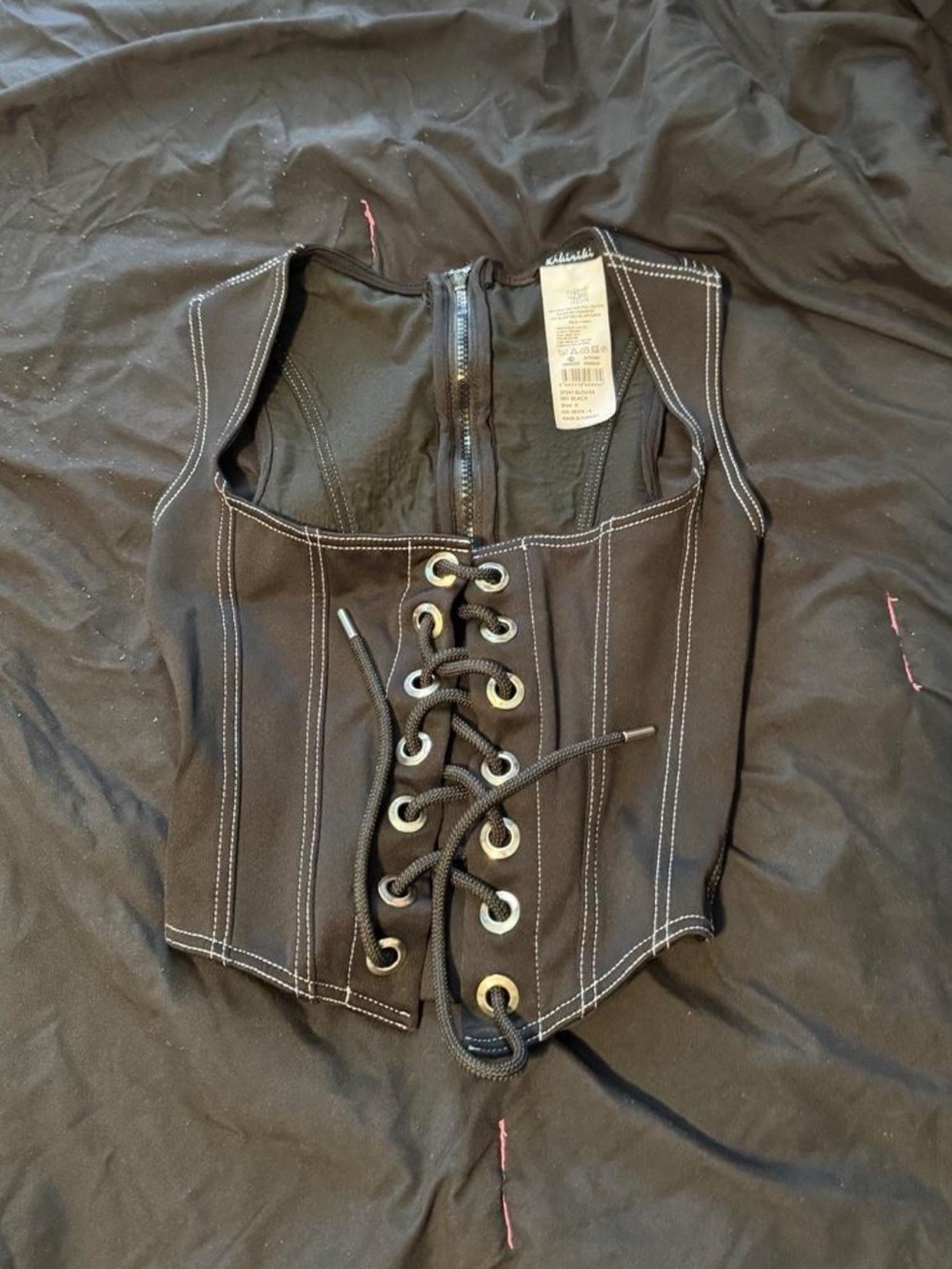 Fashion Nova Black Lace-Up Corset Vest with Contrast Stitching